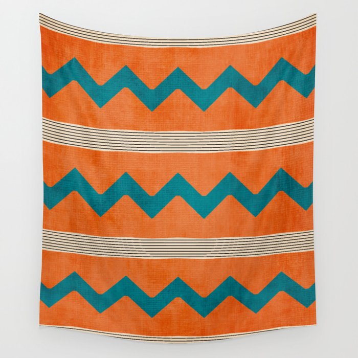 Teal Orange Chevrons Modern Artwork Wall Tapestry Gallery Image 1