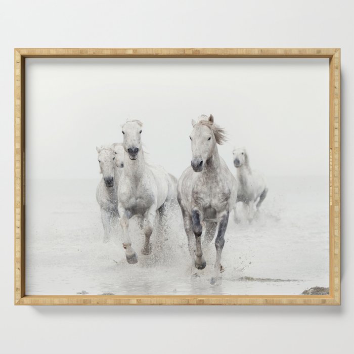 Camargue White Horses Running in Water - Nature Photography Serving Tray Gallery Image 1