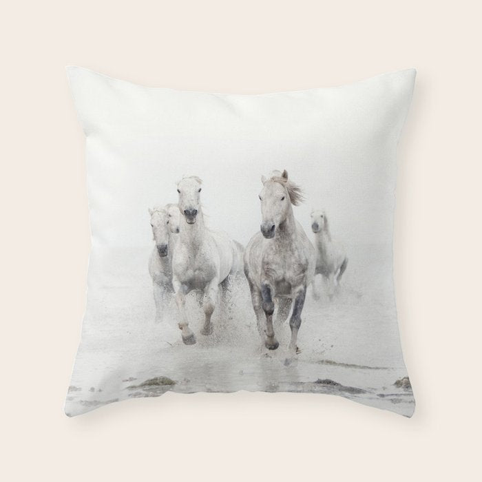 Camargue White Horses Running in Water - Nature Photography Throw Pillow Gallery Image 6