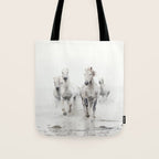 Camargue White Horses Running in Water - Nature Photography Tote Bag Gallery Image 1