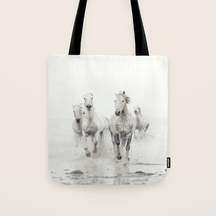 Camargue White Horses Running in Water - Nature Photography Tote Bag Gallery Image 1