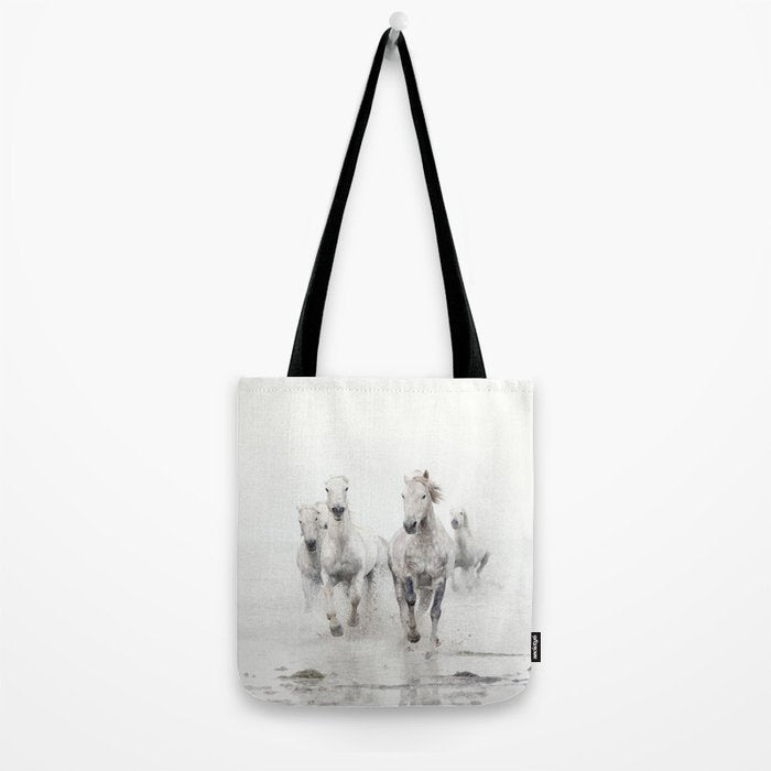Camargue White Horses Running in Water - Nature Photography Tote Bag Gallery Image 2