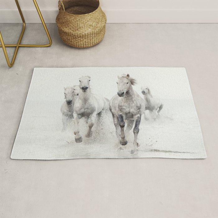 Camargue White Horses Running in Water - Nature Photography Rug Gallery Image 1