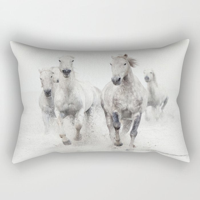 Camargue White Horses Running in Water - Nature Photography Rectangular Pillow Gallery Image 2