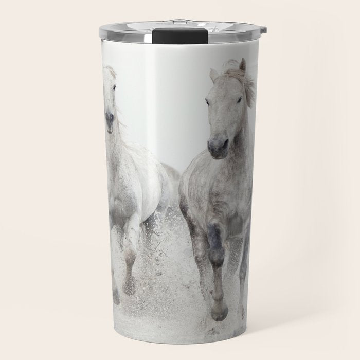 Camargue White Horses Running in Water - Nature Photography Travel Mug Gallery Image 1