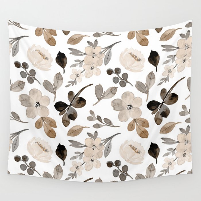 Watercolour Flowers Print, Neutral Tones, Digital Art Wall Tapestry Gallery Image 1