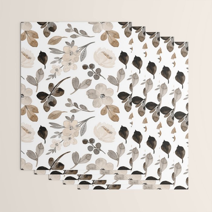 Watercolour Flowers Print, Neutral Tones, Digital Art Wrapping Paper Gallery Image 3