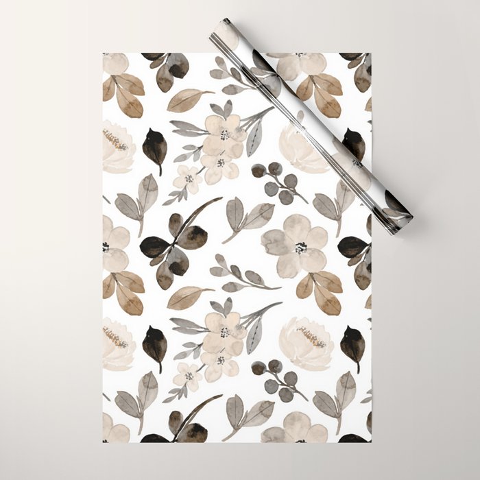 Watercolour Flowers Print, Neutral Tones, Digital Art Wrapping Paper Gallery Image 1