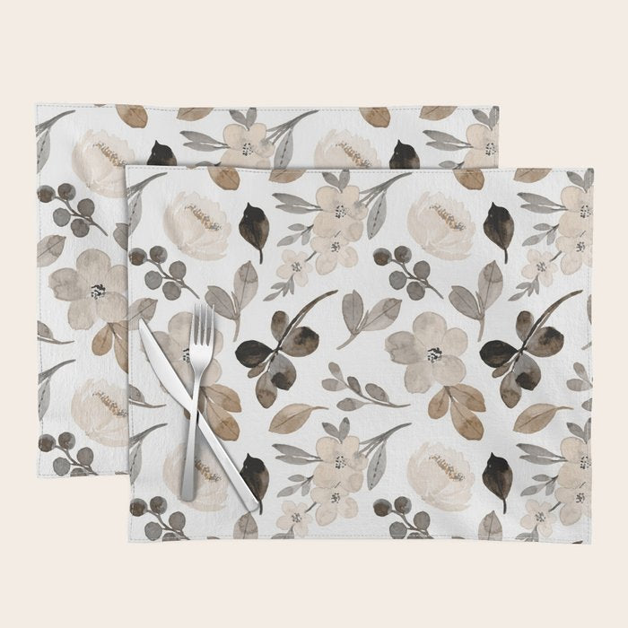 Watercolour Flowers Print, Neutral Tones, Digital Art Placemat Gallery Image 1