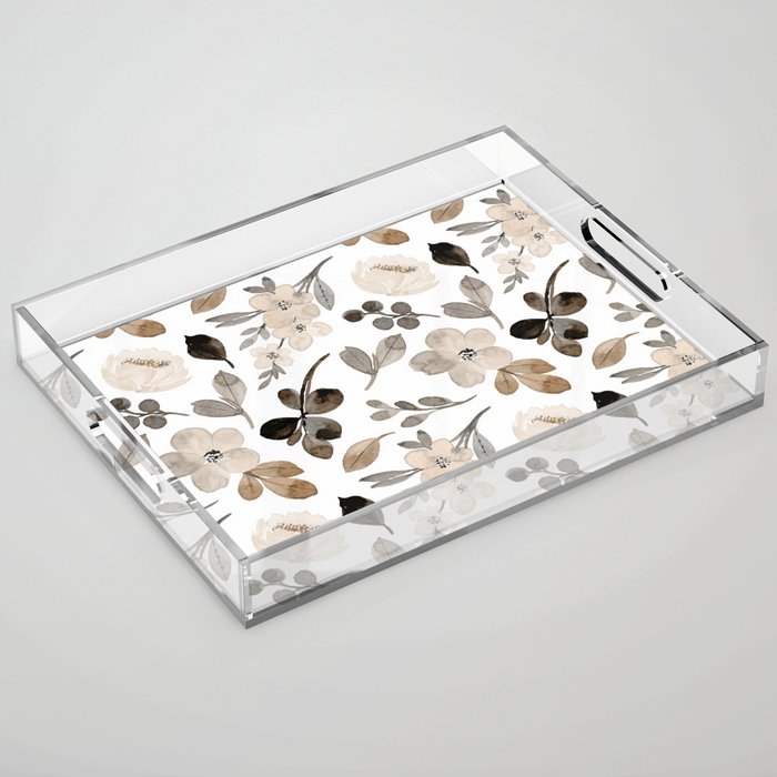 Watercolour Flowers Print, Neutral Tones, Digital Art Acrylic Tray Gallery Image 1