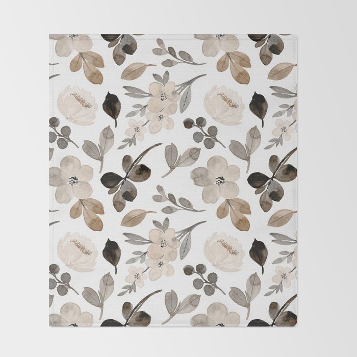 Watercolour Flowers Print, Neutral Tones, Digital Art Throw Blanket Gallery Image 2