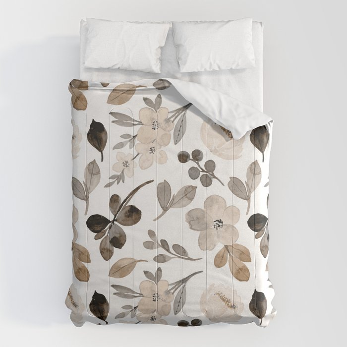 Watercolour Flowers Print, Neutral Tones, Digital Art Comforter Gallery Image 1