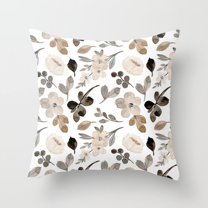 Watercolour Flowers Print, Neutral Tones, Digital Art Throw Pillow Gallery Image 6