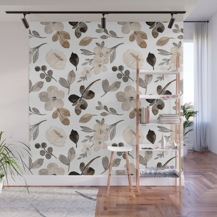 Watercolour Flowers Print, Neutral Tones, Digital Art Wall Mural Gallery Image 1