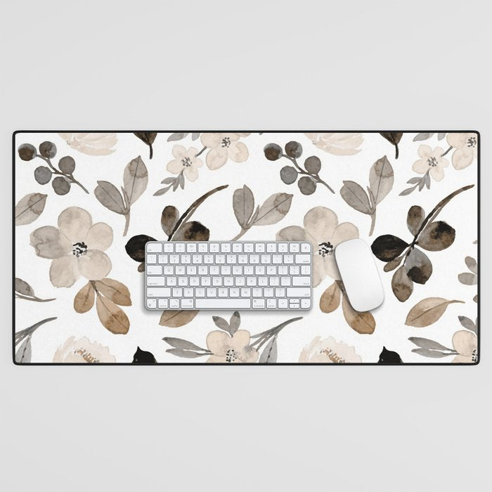 Watercolour Flowers Print, Neutral Tones, Digital Art Desk Mat Gallery Image 1