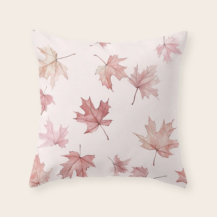 Blush Pink Autumn Fall Leaves Watercolor All Over Throw Pillow Gallery Image 6