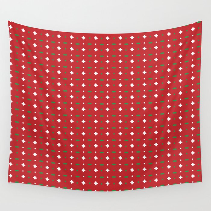 Christmas vector green and white horizontal and vertical stitches aligned on red background seamless Wall Tapestry Gallery Image 1