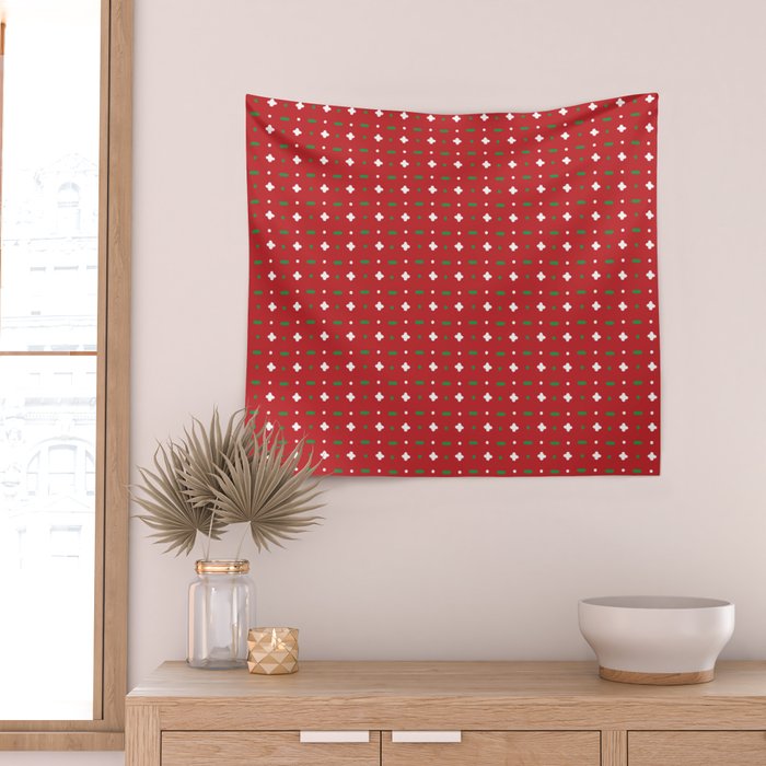 Christmas vector green and white horizontal and vertical stitches aligned on red background seamless Wall Tapestry Gallery Image 2