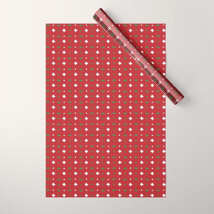 Christmas vector green and white horizontal and vertical stitches aligned on red background seamless Wrapping Paper Gallery Image 1