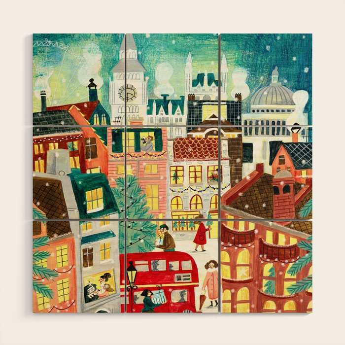 London city lights in the snow Wood Wall Art Gallery Image 1