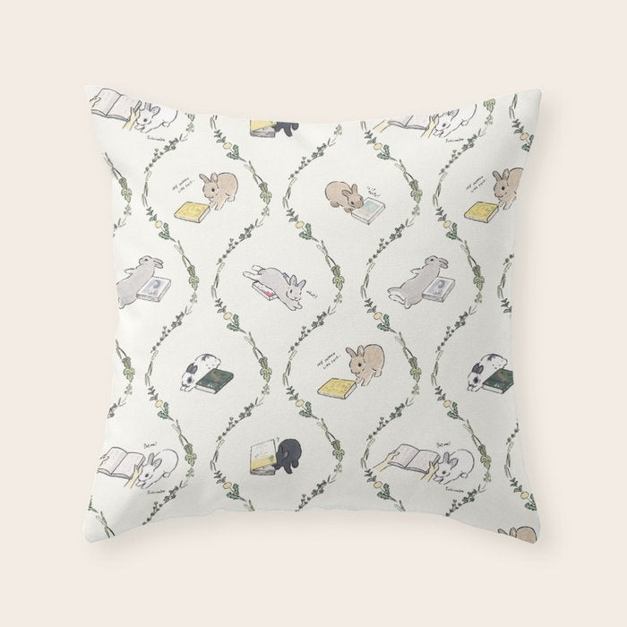 Rabbits of the bookworm owner Throw Pillow Gallery Image 6