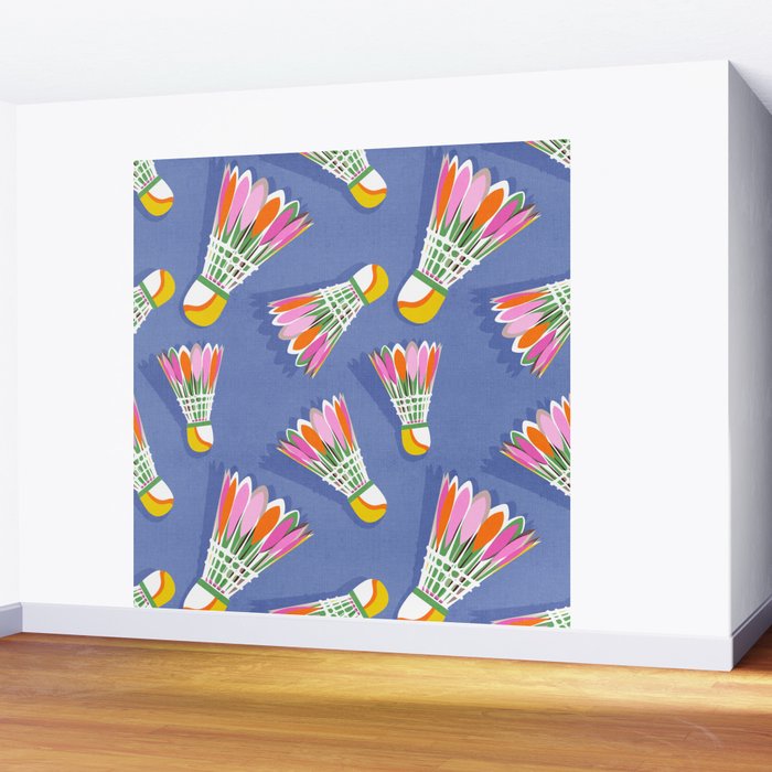 Badminton Birdie Pop Art court sport pattern on cobalt blue Wall Mural Gallery Image 2