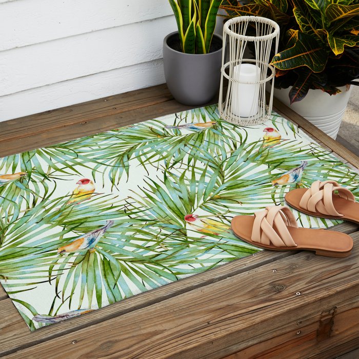 Birds on the leaves of the jungle Outdoor Rug Gallery Image 2