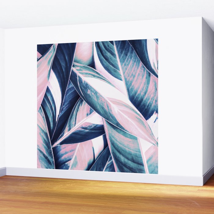 Botanical leaf pink and blue Wall Mural Gallery Image 2