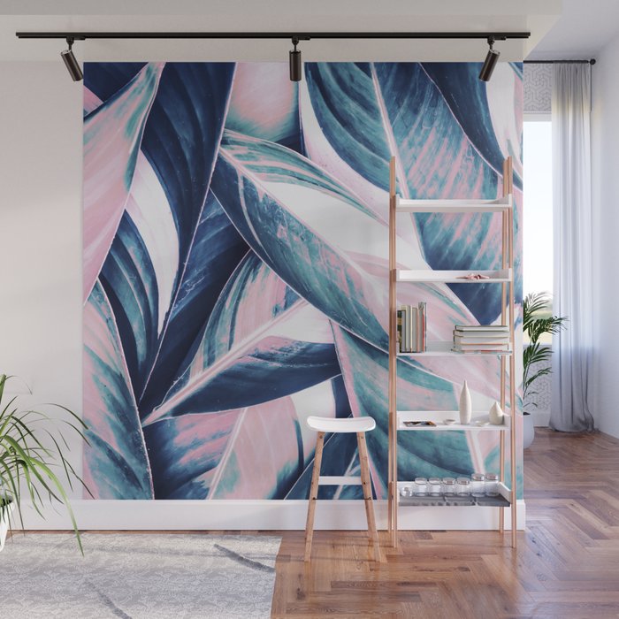 Botanical leaf pink and blue Wall Mural Gallery Image 1