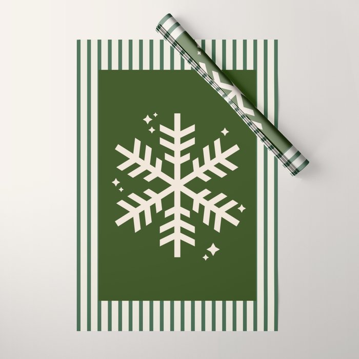 Snowflake Green Striped Wrapping Paper Gallery Image 1