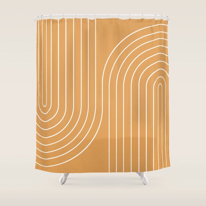 Minimal Line Curvature XII Orange Mid Century Modern Arch Abstract Shower Curtain Gallery Image 1