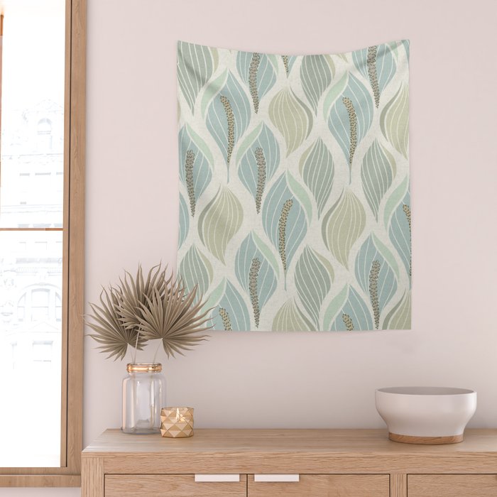 Minimalistic flow Peace lily soft green pattern Wall Tapestry Gallery Image 2