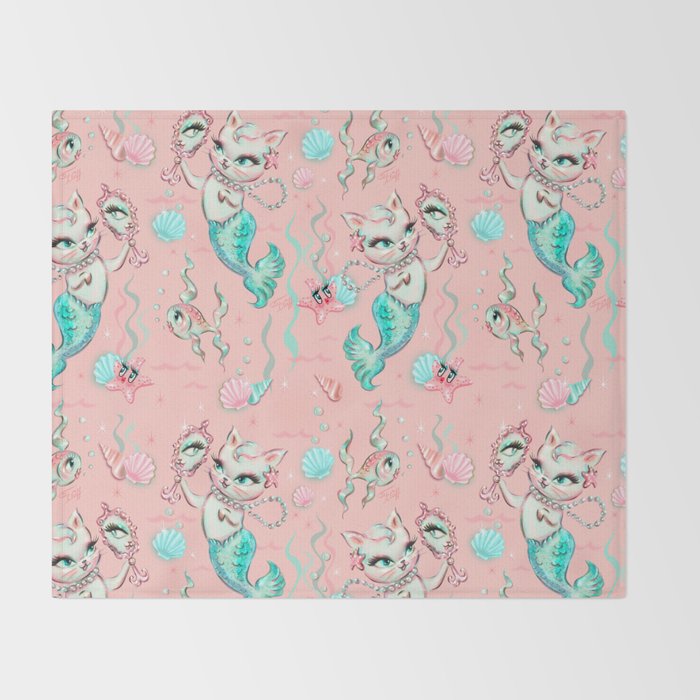 Merkittens with Pearls on blush Throw Blanket Gallery Image 2
