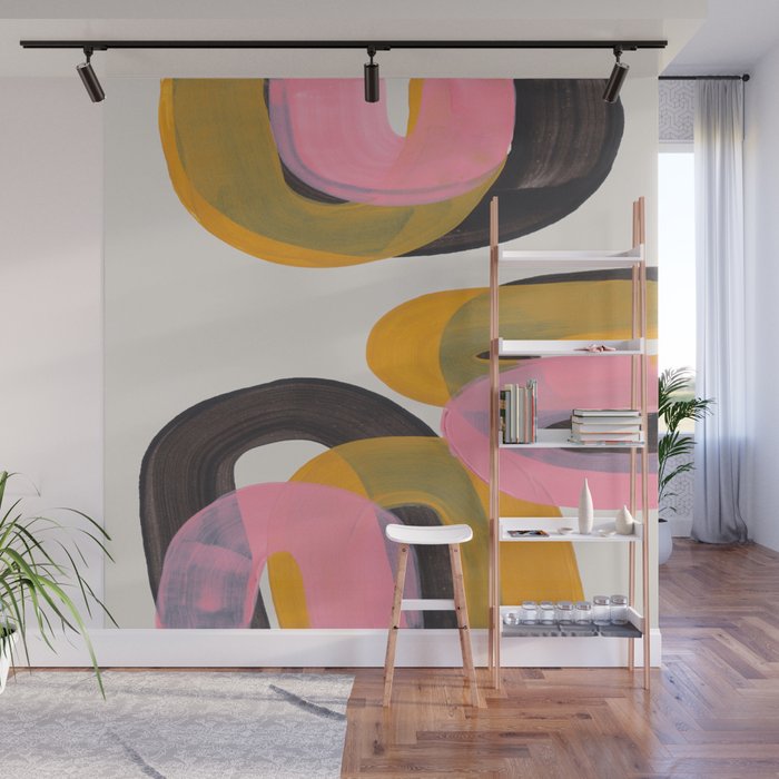 Hills Mid Century Modern Minimalist Fun Colorful Abstract Shapes Pink Yellow Black by Ejaaz Haniff Wall Mural Gallery Image 1