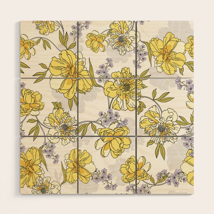 Luxurious pattern with yellow flowers Wood Wall Art Gallery Image 1