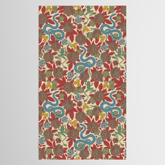 Large-Scale Dahlias, Frogs, Snakes, Praying Mantis in Red and Blue Tablecloth Gallery Image 2