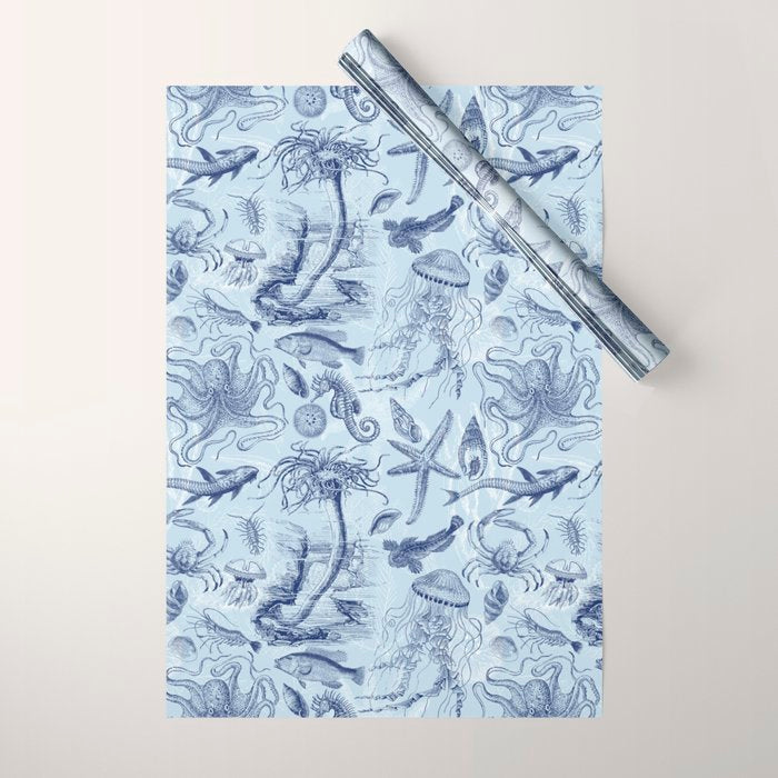 Coral Reef Life Underwater Sea Scene Blue Monochromatic Toile Pattern  Wrapping Paper Gallery Image 1