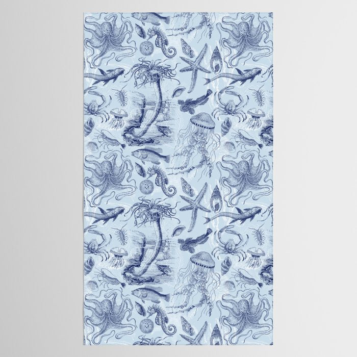 Coral Reef Life Underwater Sea Scene Blue Monochromatic Toile Pattern  Tablecloth Gallery Image 2