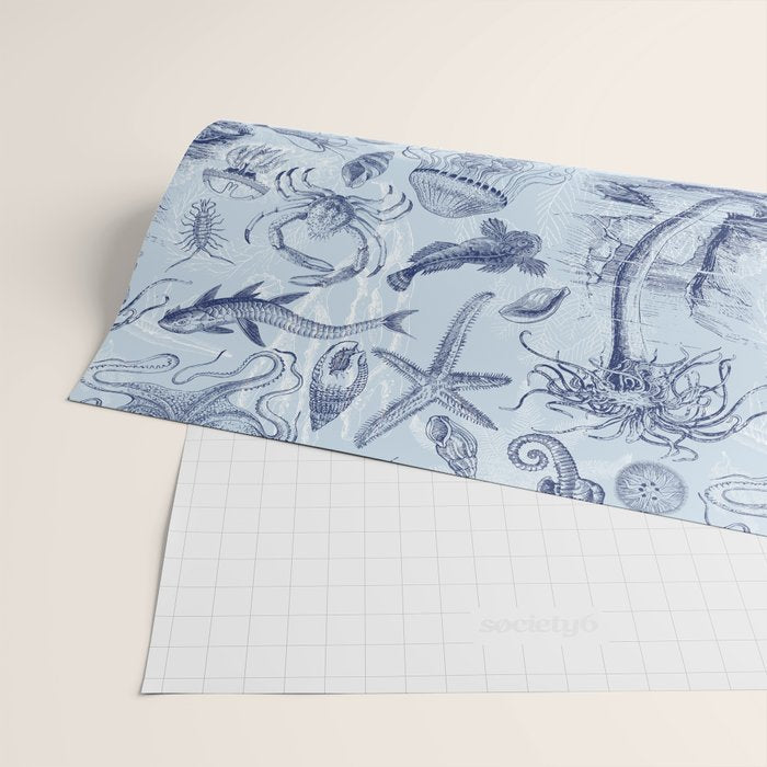 Coral Reef Life Underwater Sea Scene Blue Monochromatic Toile Pattern  Wrapping Paper Gallery Image 2