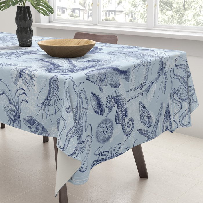 Coral Reef Life Underwater Sea Scene Blue Monochromatic Toile Pattern  Tablecloth Gallery Image 3