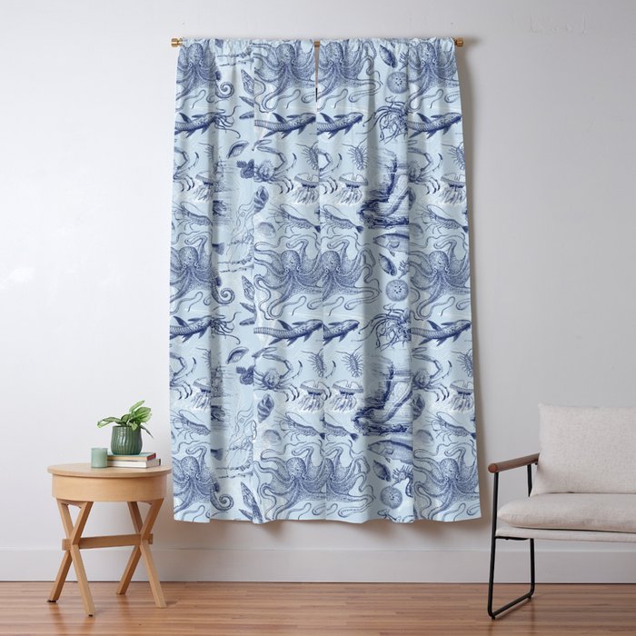 Coral Reef Life Underwater Sea Scene Blue Monochromatic Toile Pattern  Window Curtain Gallery Image 5