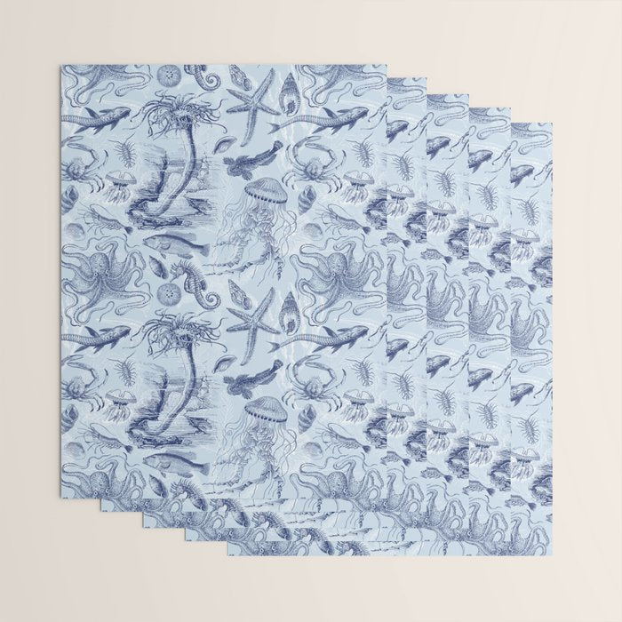 Coral Reef Life Underwater Sea Scene Blue Monochromatic Toile Pattern  Wrapping Paper Gallery Image 3