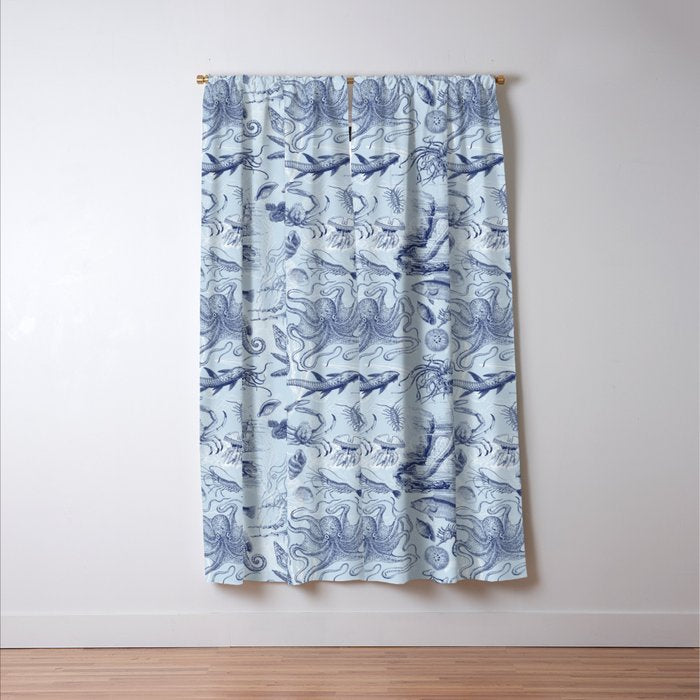 Coral Reef Life Underwater Sea Scene Blue Monochromatic Toile Pattern  Window Curtain Gallery Image 3