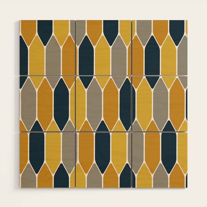 Long Honeycomb Geometric Pattern in Mustard Yellow, Navy Blue, Gray, and White Wood Wall Art Gallery Image 1