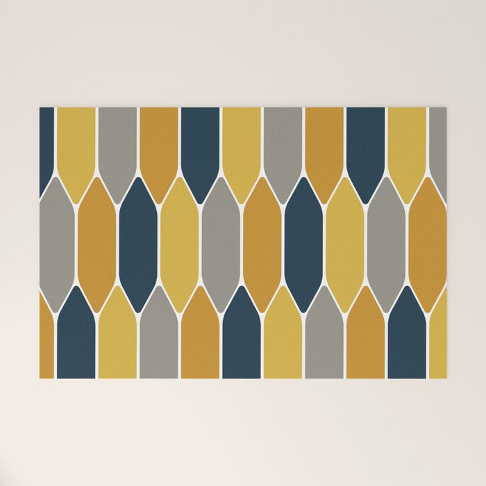 Long Honeycomb Geometric Pattern in Mustard Yellow, Navy Blue, Gray, and White Welcome Mat Gallery Image 1