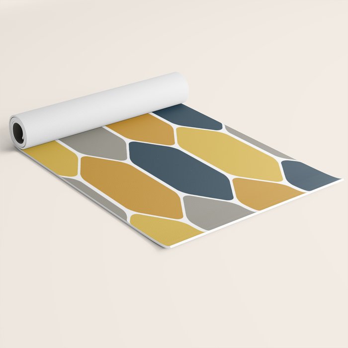 Long Honeycomb Geometric Pattern in Mustard Yellow, Navy Blue, Gray, and White Yoga Mat Gallery Image 2