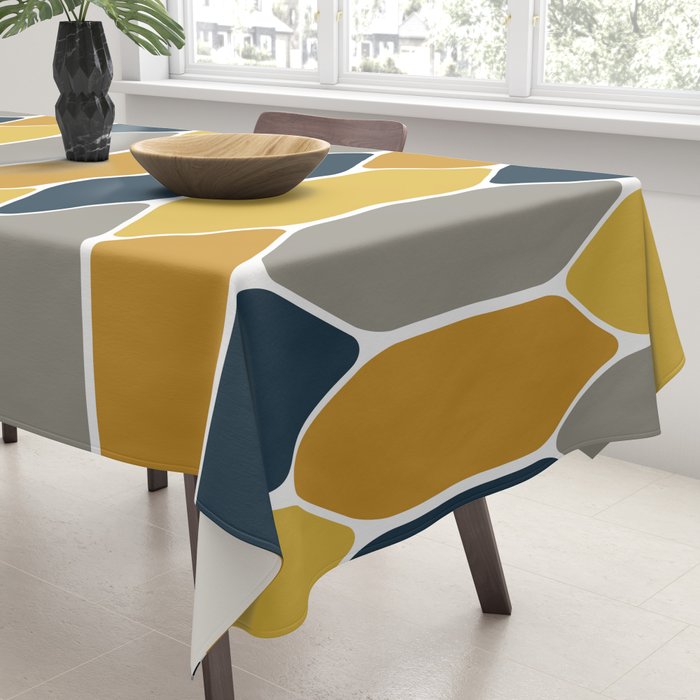 Long Honeycomb Geometric Pattern in Mustard Yellow, Navy Blue, Gray, and White Tablecloth Gallery Image 3