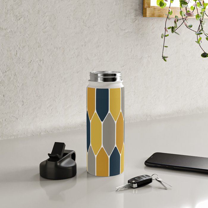 Long Honeycomb Geometric Pattern in Mustard Yellow, Navy Blue, Gray, and White Water Bottle Gallery Image 4