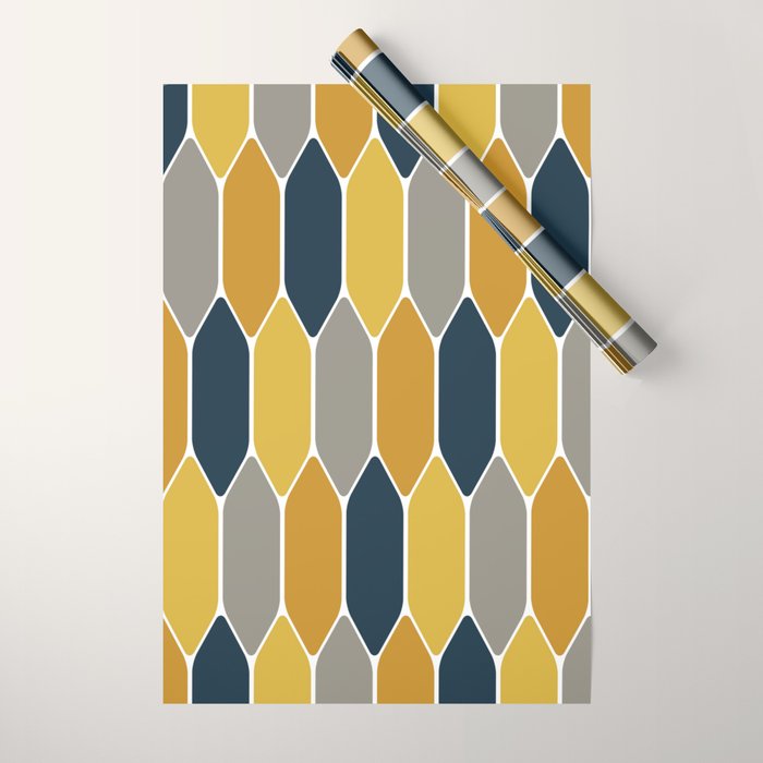 Long Honeycomb Geometric Pattern in Mustard Yellow, Navy Blue, Gray, and White Wrapping Paper Gallery Image 1