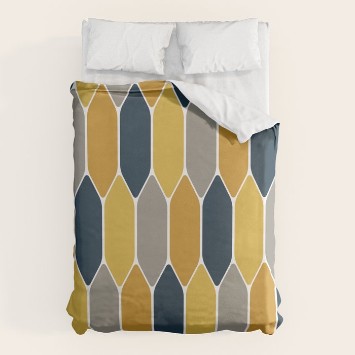 Long Honeycomb Geometric Pattern in Mustard Yellow, Navy Blue, Gray, and White Duvet Cover Gallery Image 6